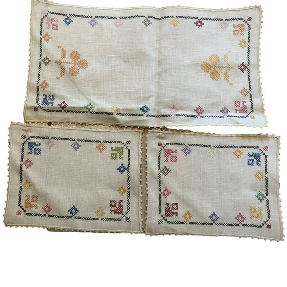 MCM Cross stitched Dress Scarf Set 3 Cottagecore Vibrant - Picture 1 of 5